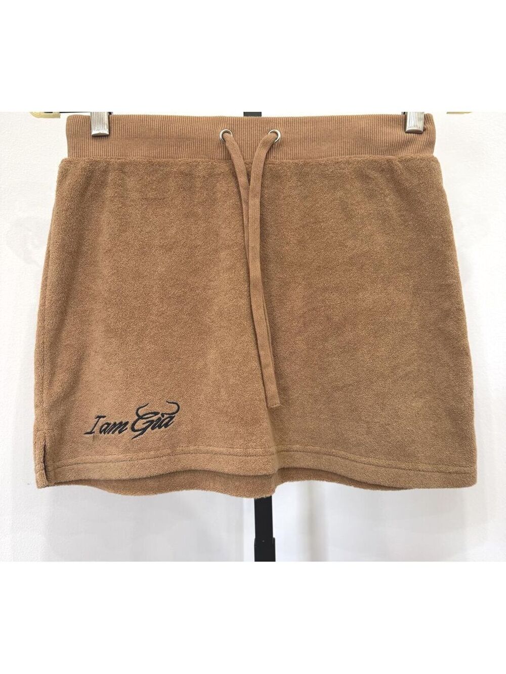 I am Gia Brown Fleece Mini Skirt with Drawstring Waist XS